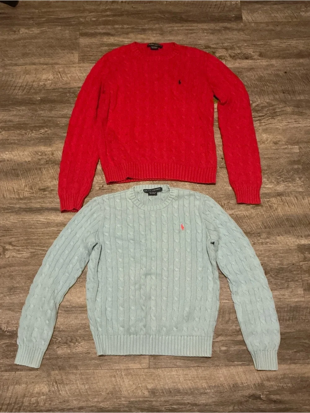 Polo by Ralph Lauren Red and Light Blue Crewneck Cable Knit Sweaters